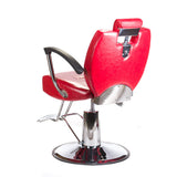 Red Barber chair HEKTOR BH-3208 by Beauty System with padded seat and backrest, hydraulic base, and adjustable height for salons.