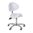 White cosmetic stool with backrest, BY-3004 model by Beauty System, featuring a padded seat and sturdy metal legs.