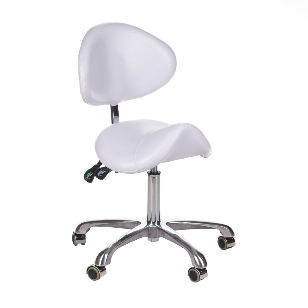 White cosmetic stool with backrest, BY-3004 model by Beauty System, featuring a padded seat and sturdy metal legs.