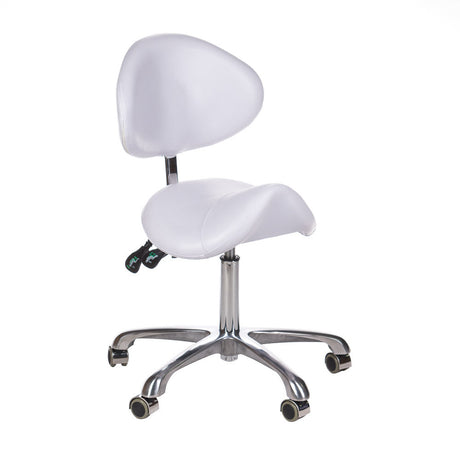 White cosmetic stool with backrest, BY-3004 model by Beauty System, featuring a padded seat and sturdy metal legs.