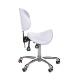 White cosmetic stool with backrest, model BY-3004 from Beauty System, featuring a padded seat and sturdy metal frame.