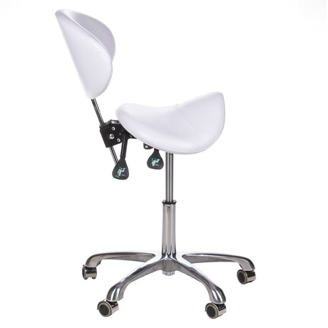 White cosmetic stool with backrest, model BY-3004 by Beauty System, featuring a comfortable seat and sturdy design for salon use.