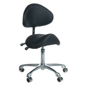 Black cosmetic stool with backrest from Beauty System, featuring a padded seat and sturdy base for salon or beauty treatment use.