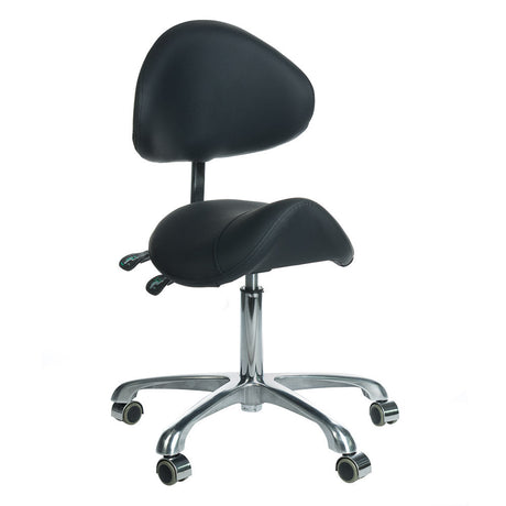 Black cosmetic stool with backrest from Beauty System, featuring a padded seat and sturdy base for salon or beauty treatment use.
