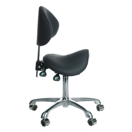 Black cosmetic stool with backrest, model BY-3004 from Beauty System, featuring a comfortable padded seat and sturdy base.