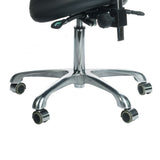 Black cosmetic stool with backrest from Beauty System, featuring a sturdy design and padded seat for salon or beauty treatments.