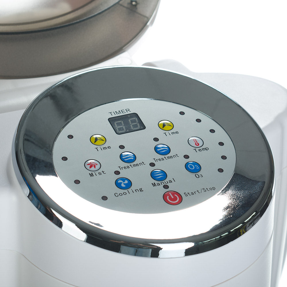 White Ozone sauna on stand BB-007R2 by Beauty System, with a sleek design and visible control panel for skincare treatments.