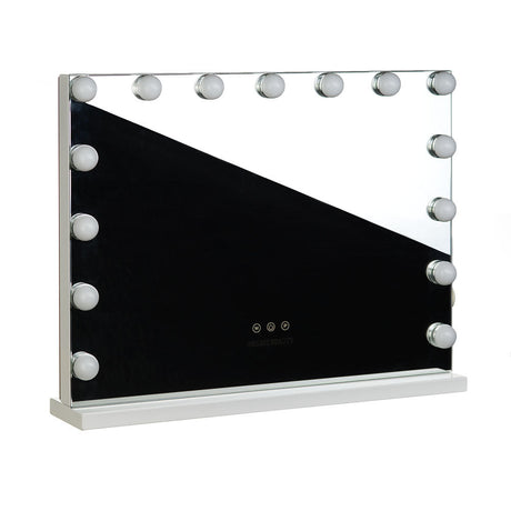 LED-lit Hollywood mirror by Beauty System, 58x43cm with illuminated border, reflecting a sleek, modern design.