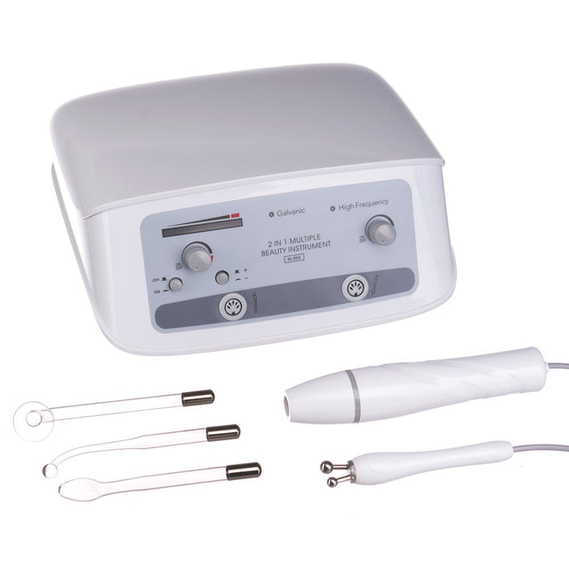Beauty System 2-in-1 Galvanic and Darsonval device in grey with control knobs and dials for skincare treatments.