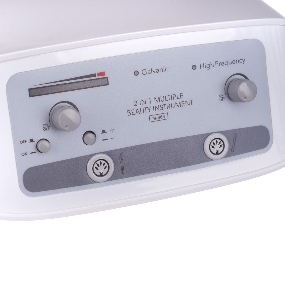 Beauty System 2-in-1 Galvanic and Darsonval device in grey with controls and nozzles for facial skincare.