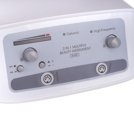 Beauty System 2-in-1 Galvanic and Darsonval device in grey with controls and nozzles for facial skincare.