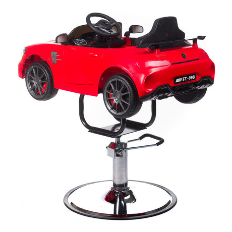 Children's Mercedes red hairdressing chair by Beauty System, featuring a vibrant red seat with adjustable height and playful design.