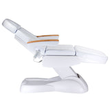 Electric cosmetic chair by Beauty System, LUX BW-273B-4 model, white leather upholstery, adjustable headrest and armrests.
