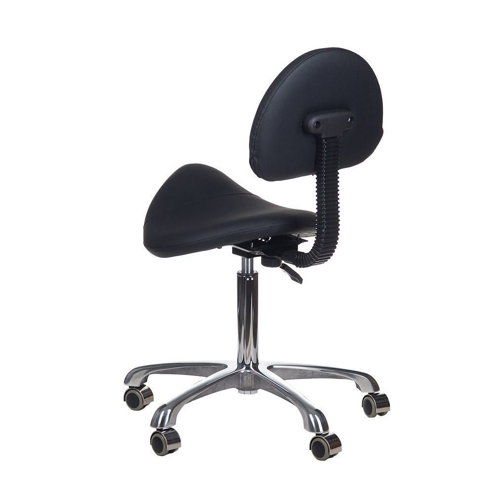 Black cosmetic stool by Beauty System with cushioned seat and adjustable height for salon or beauty treatment use.