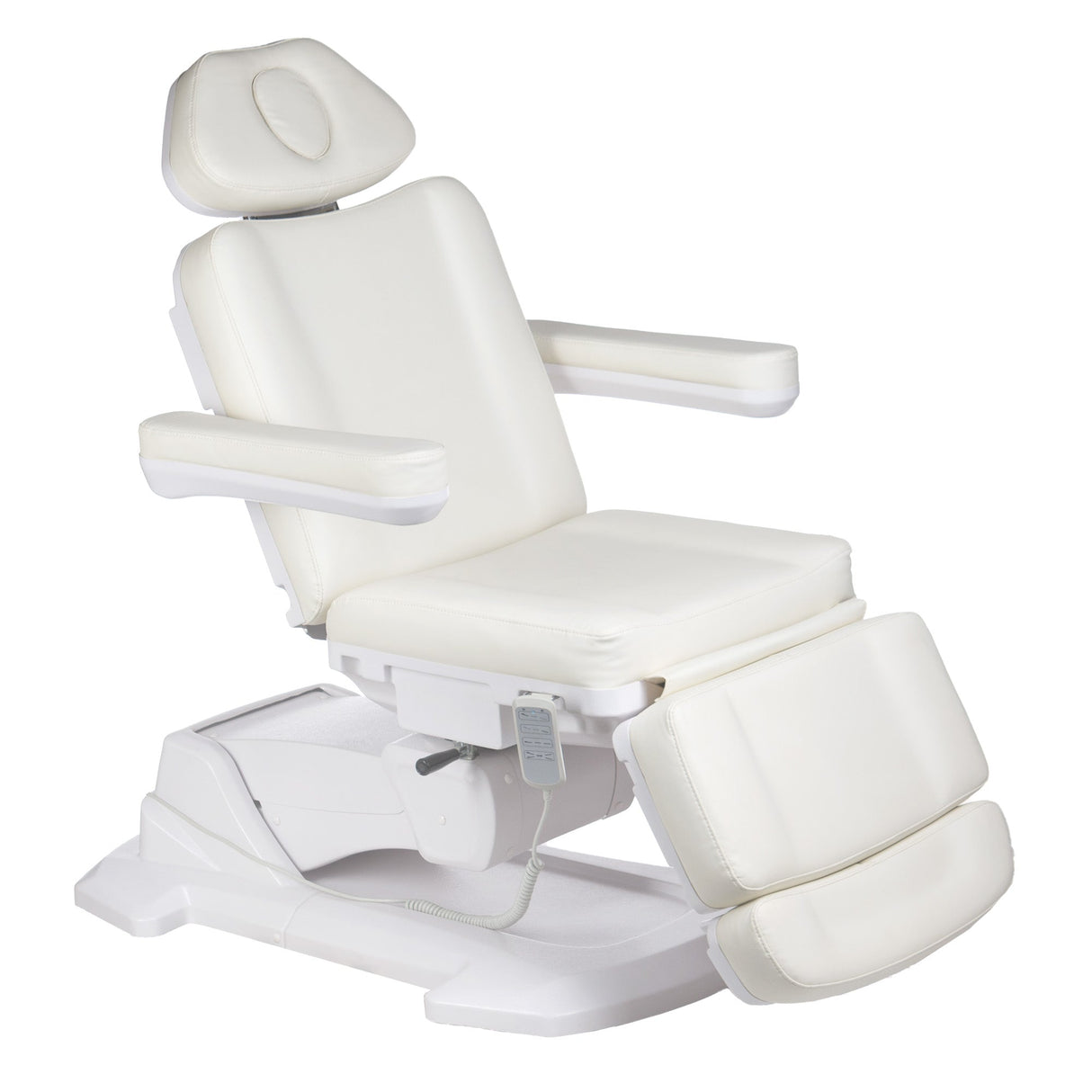 Electric beauty salon chair in light grey from Beauty System, featuring adjustable headrest and modern design.