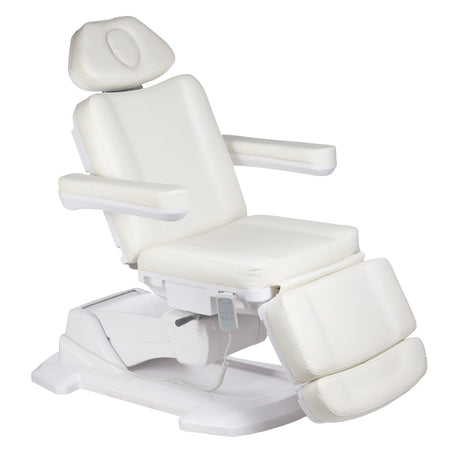 Electric beauty salon chair in light grey from Beauty System, featuring adjustable headrest and modern design.