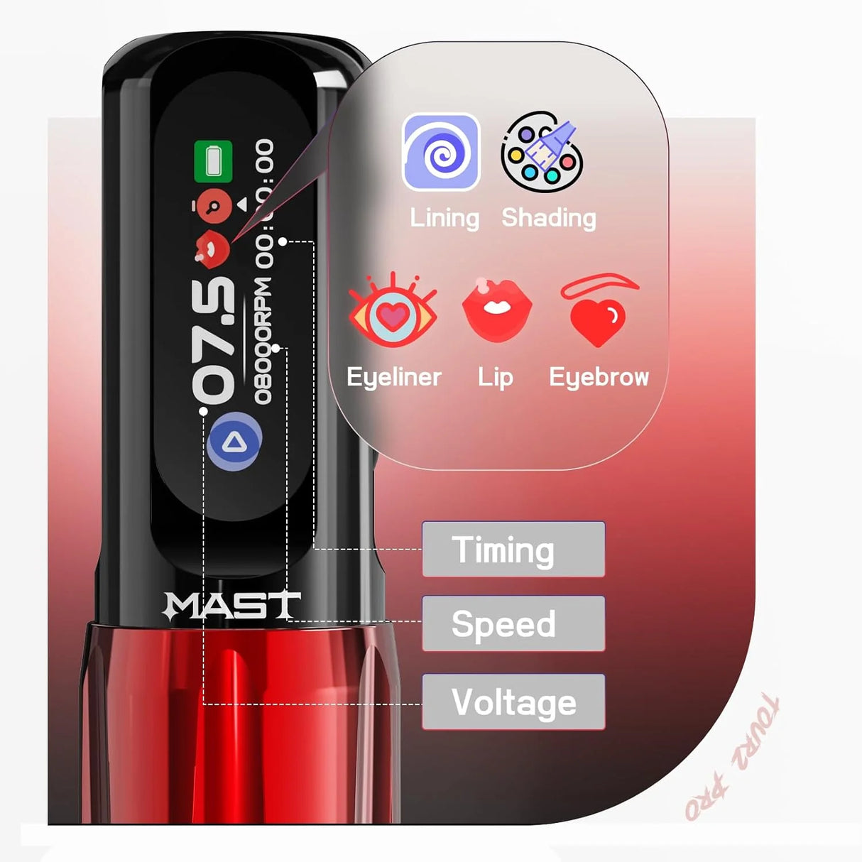Mast Tour 2 Pro wireless tattoo machine in pink with a 3.5mm stroke, featuring a sleek design and ergonomic grip.