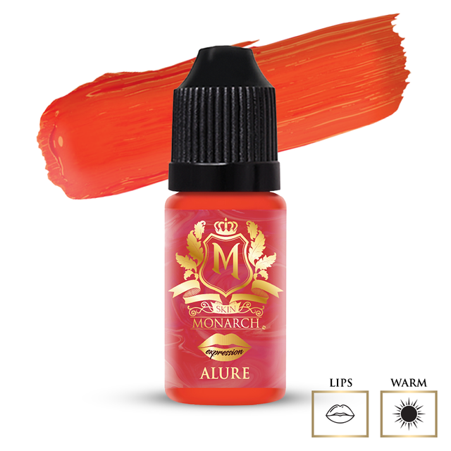 Bottle of Monarch lip color with a swatch of red color on a white background