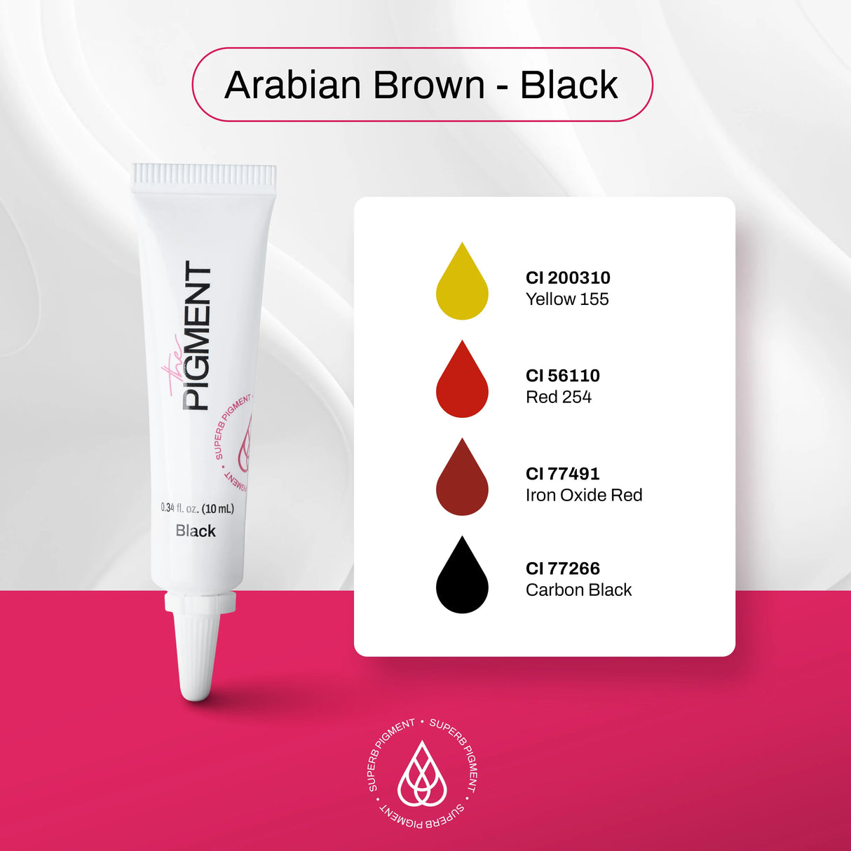 The Pigment Microblading Arabian Brown-Black pigment 10ml bottle showing the dark brown-black ink for eyebrow tattooing.