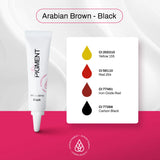 The Pigment Microblading Arabian Brown-Black pigment 10ml bottle showing the dark brown-black ink for eyebrow tattooing.