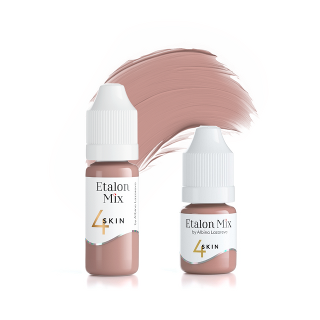 Etalon Mix camouflage skin pigment in 4 shades, 5ml or 10ml bottle, used for skin tone matching and cosmetic tattooing.