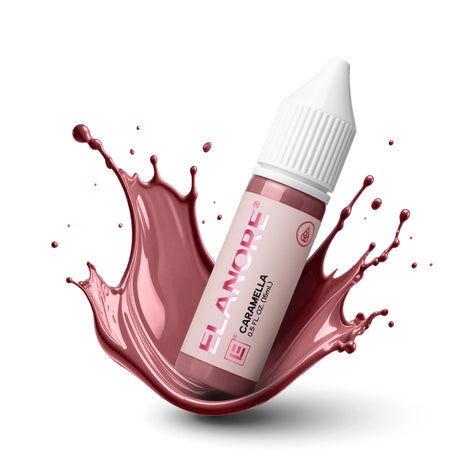 The Pigment x ELANORE Caramella lip pigment in 15ml, featuring a close-up of glossy, caramel-colored lips with the product container visible