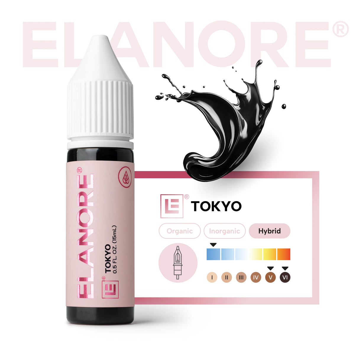 Close-up of The Pigment X ELANORE Tokyo Pigment 15ml bottle with detailed label and vibrant pink color.