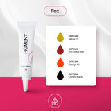 Microblading pigment bottle by The Pigment, Fox Pigment 10ml, featuring a sleek black container with a white label and product details.