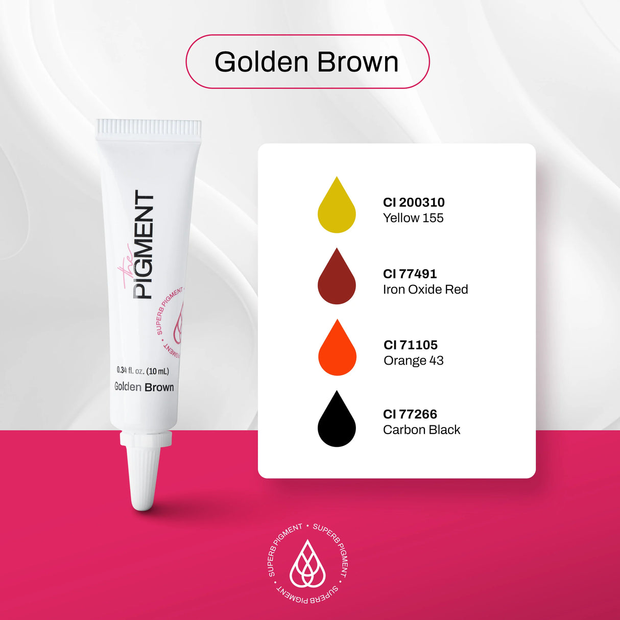The Pigment Microblading Golden Brown Pigment 10ml bottle with golden brown ink for eyebrow microblading procedures.