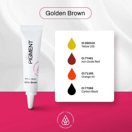 The Pigment Microblading Golden Brown Pigment 10ml bottle with golden brown ink for eyebrow microblading procedures.