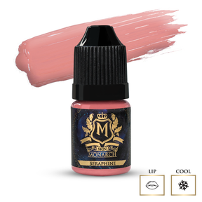 Skin Monarch Seraphine Lip Pigment in 5ml, showcasing the vibrant, glossy lip color with the product packaging visible.