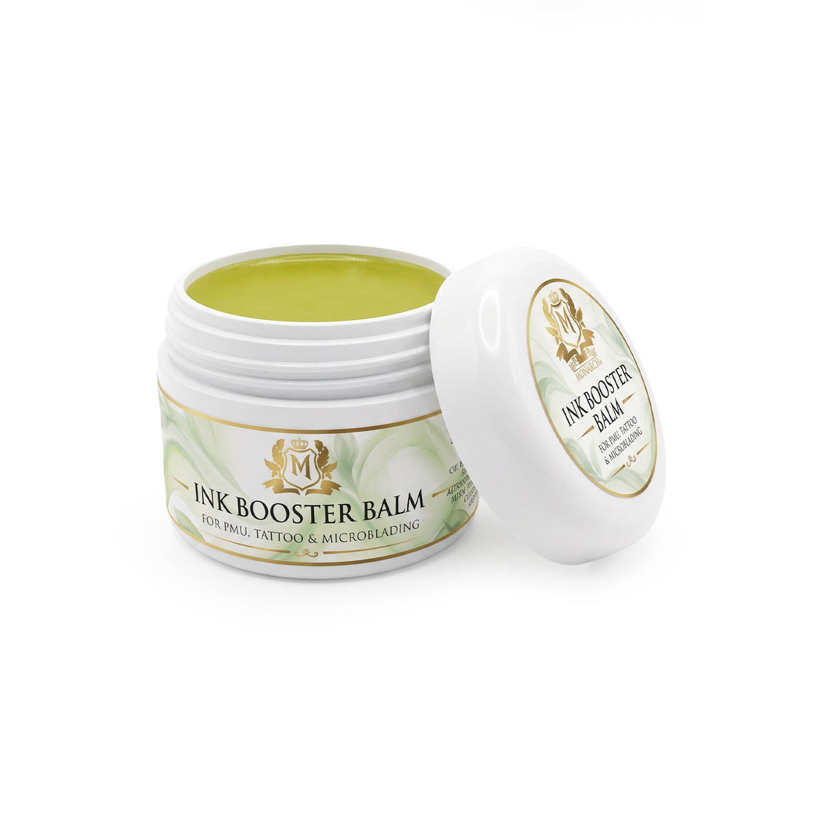 Skin Monarch Ink Booster Balm 30ml, ανοιχτό βαζάκι με κίτρινο βάλσαμο και καπάκι