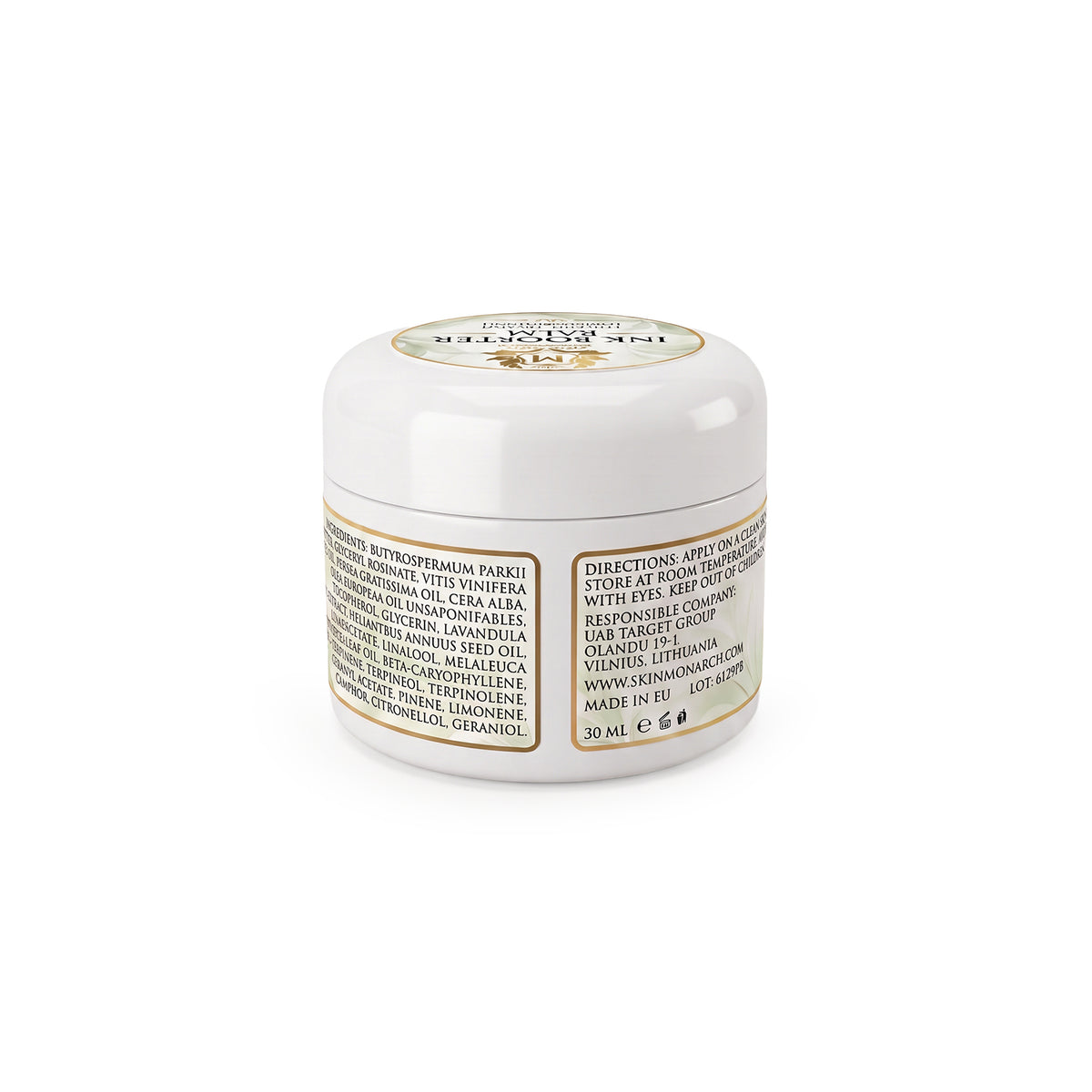 Skin Monarch Ink Booster Balm 30ml, πίσω ετικέτα με συστατικά και οδηγίες χρήσης