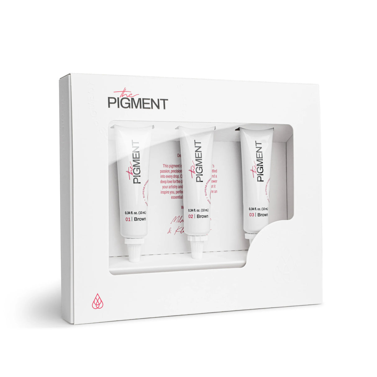 The Pigment Microblading Pigments Collection featuring three 10ml bottles of natural eyebrow pigment shades by The Pigment.