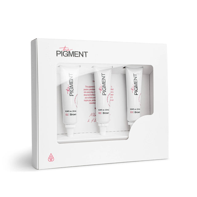 The Pigment Microblading Pigments Collection featuring three 10ml bottles of natural eyebrow pigment shades by The Pigment.
