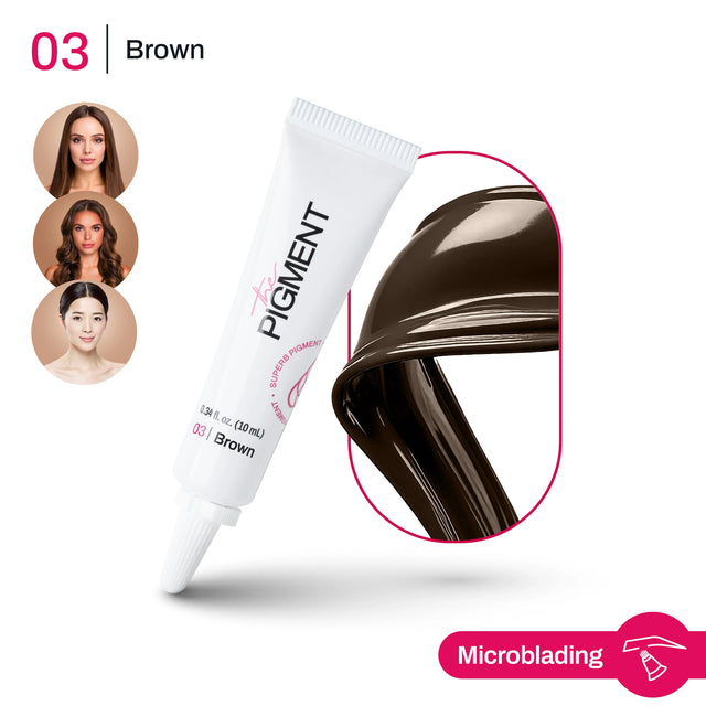 The Pigment Microblading Brown 3 pigment in a 10ml bottle, designed for microblading procedures, with the product label visible.