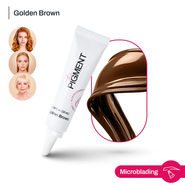 The Pigment Microblading Golden Brown pigment in a 10ml bottle, designed for precise eyebrow microblading applications.