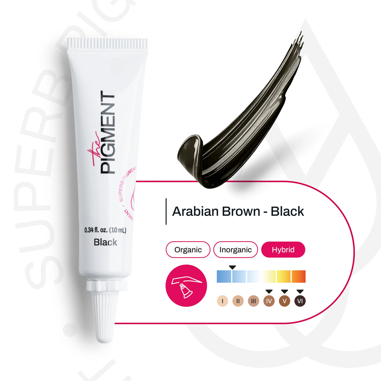 The Pigment Microblading Arabian Brown-Black pigment 10ml bottle, featuring black and brown shades for semi-permanent cosmetic tattooing.
