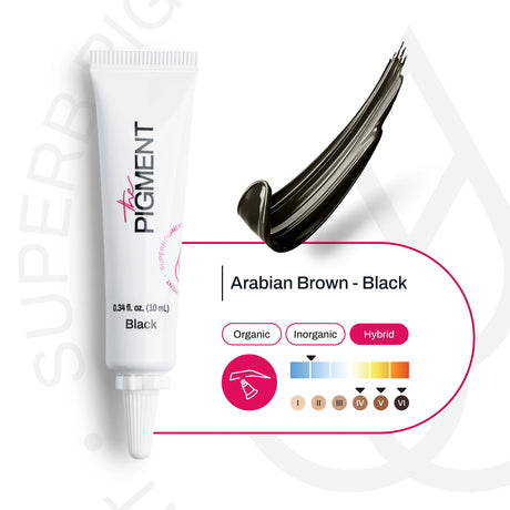 The Pigment Microblading Arabian Brown-Black pigment 10ml bottle, featuring black and brown shades for semi-permanent cosmetic tattooing.