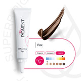 Microblading pigment bottle from The Pigment, Fox shade, 10ml, with a sleek black cap and clear label showing product details.