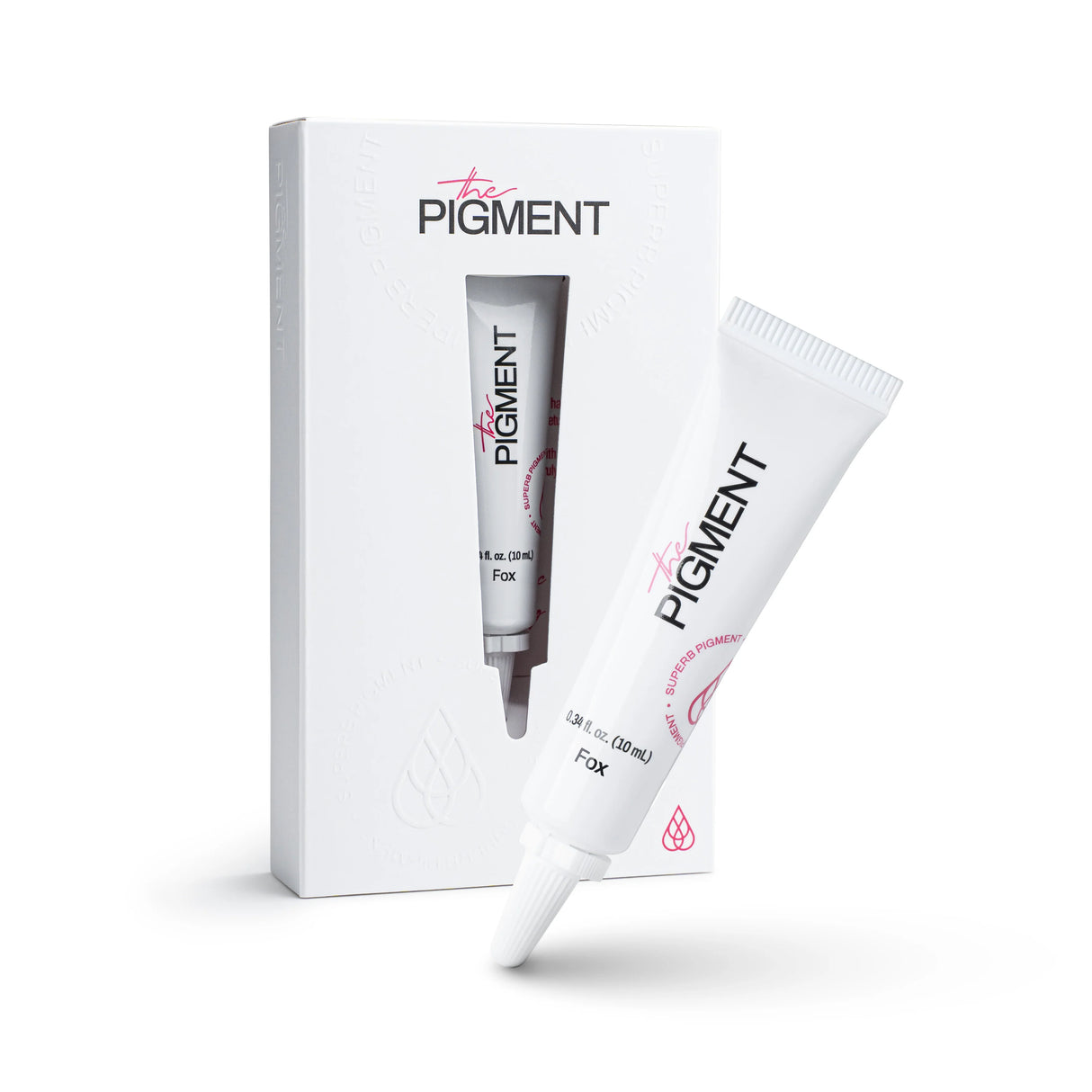A 10ml bottle of The Pigment Microblading Fox Pigment, with a sleek black and orange label, displayed on a neutral background.