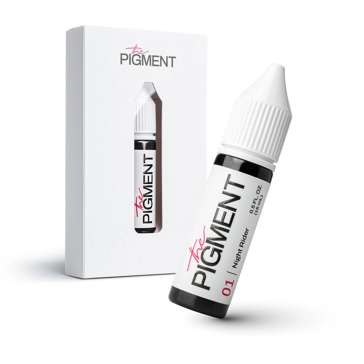 The Pigment 01 Night Rider pigment 15ml bottle from The Pigment brand with black and dark gray liquid inside.