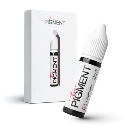The Pigment 01 Night Rider pigment 15ml bottle from The Pigment brand with black and dark gray liquid inside.