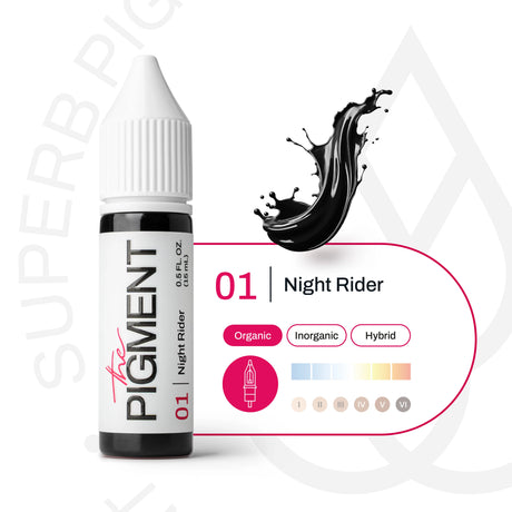 The Pigment 01 Night Rider pigment for permanent makeup, shown in a 15ml container, with a close-up of the pigment's deep black color.