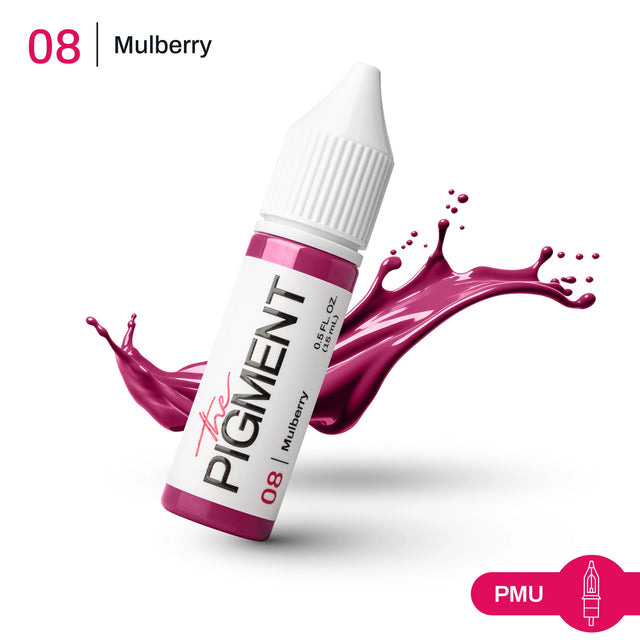 The Pigment 08 Mulberry pigment in a 15ml container, used for cosmetic tattooing and lip coloration.