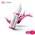 Fuchsia pigment from The Pigment 09 for permanent makeup, displayed in a 15ml container with vibrant, bright pink color.