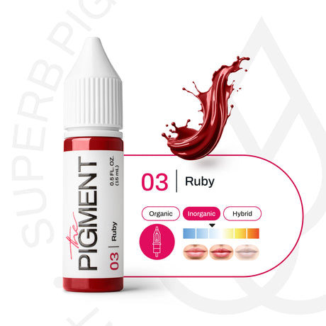 The Pigment 03 Ruby pigment in a 15ml container, shown on a black background, used for permanent makeup and cosmetic tattooing.