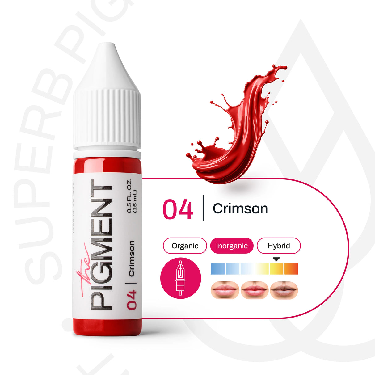 Crimson pigment bottle from The Pigment, 15ml for permanent makeup, with vibrant red color visible in the image.