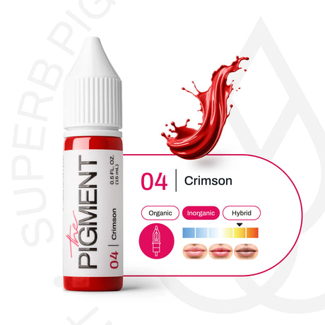 Crimson pigment bottle from The Pigment, 15ml for permanent makeup, with vibrant red color visible in the image.
