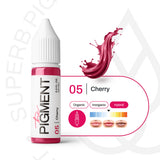 15ml Cherry Pigment from The Pigment 05 for permanent makeup lips, showing vibrant red liquid pigment in a sealed bottle.